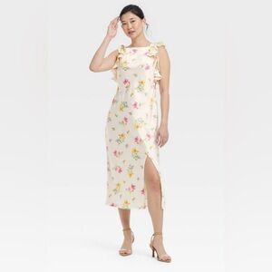 Women’s Ruffle Sleeve Satin Maxi Dress Cream Floral Large- Recycled Polyester.